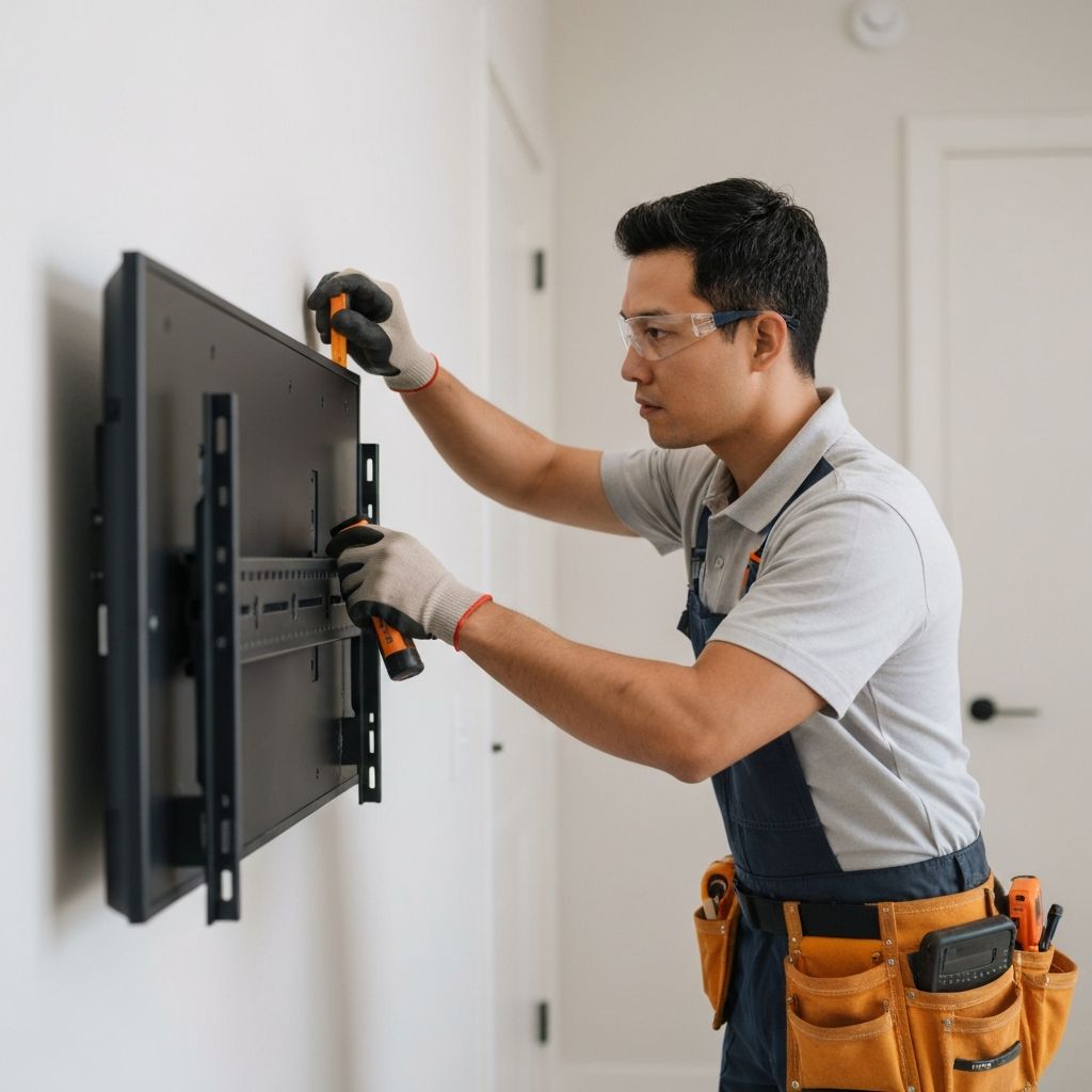 Professional technician installing TV wall mount